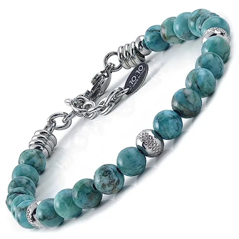 10:10 10: 10 Bracciale con pietre turchese da 6 mm, beads in acciaio inox, bracciale molto resistente prodotto in Italia