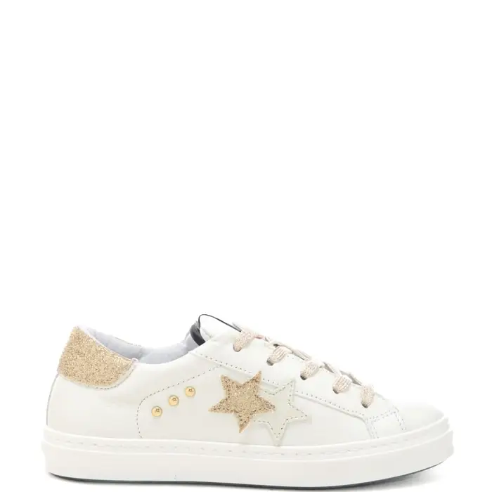 2 Star sneakers da bambina in vera pelle con inserti in suede, glitter e lacci in lurex bianco oro