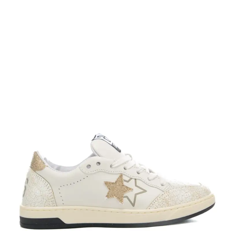 2 Star sneakers da donna week star con glitter e inserti in vera pelle effetto vintage bianco oro