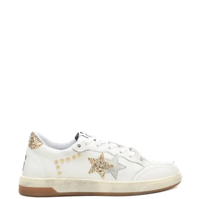 2 Star sneakers da donna week star in vera pelle con inserti con glitter bianco oro
