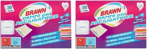 Brawn 30 Panni Profumati per Asciugatrice – Con Ammorbidente - Formula Anti-Pelucchi - Morbidezza e Freschezza per il Bucato
