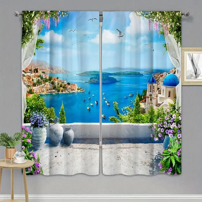 2 pezzi Tenda Blu con Stampa Vista Paesaggio Spiaggia, Adatta per Soggiorno, Camera da Letto, Bagno, Cucina, Studio Decorazione Casa W50H60(CM)x2&Grommet Top
