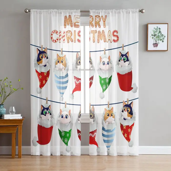 A Family Of Home Textiles Cappello di Natale da Babbo Natale Gatto Tende Trasparenti per Camera da Letto Bambini Soggiorno Tende Voile