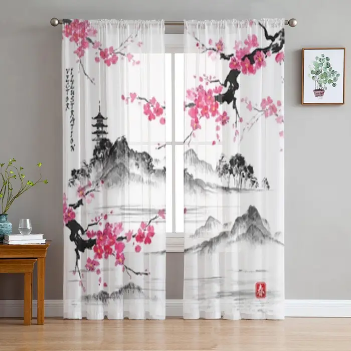 A Family Of Home Textiles Paesaggio giapponese con tende trasparenti Sakura per finestre per soggiorno, camera da letto, tende in voile e