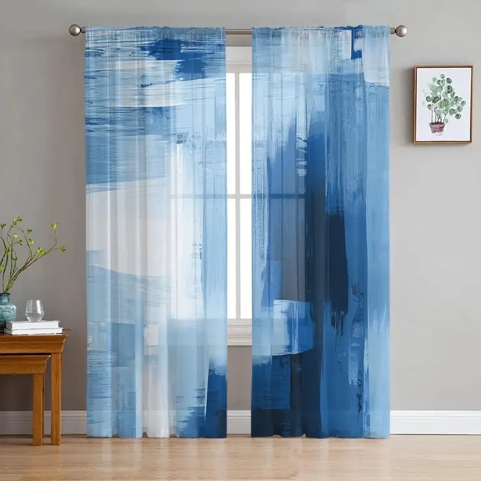 A Family Of Home Textiles Pittura Astratta Blu Camera da Letto Tende Trasparenti Velate Decorazione Festiva Tenda Voile Tulle per Finestra