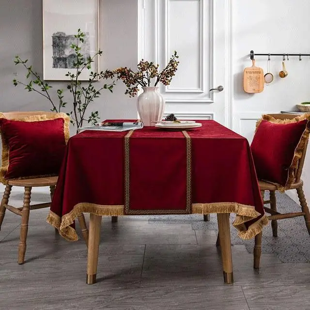 A Family Of Home Textiles Tovaglia in velluto olandese con nappe semplici, verde, per sala da pranzo, tavolino da caffè, tessuto di lusso