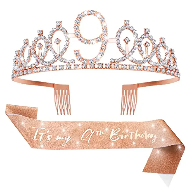 Abeillo 9 Anni Coroncina Compleanno, Corona 9 Anni Ragazza, It's My 9 th Birthday' Sash con Cristallo Strass Corona, Fascia Compleanno per
