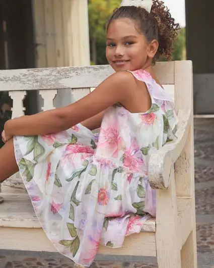 Abel & Lula Abito corto senza maniche in fantasia floreale rosa e verde con balza