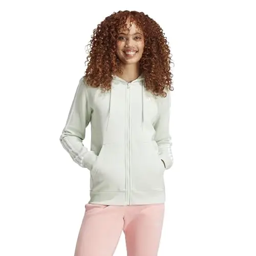 adidas Donna Essentials 3-Stripes Full-Zip Fleece Hoodie, Linen Green