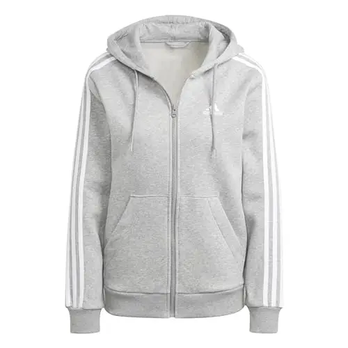adidas Donna Essentials 3-Stripes Full-Zip Fleece Hoodie, Medium Grey Heather/White