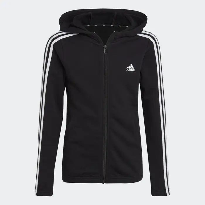 Adidas Felpa bambina ginnastica con cappuccio e zip leggera 3 strisce nera