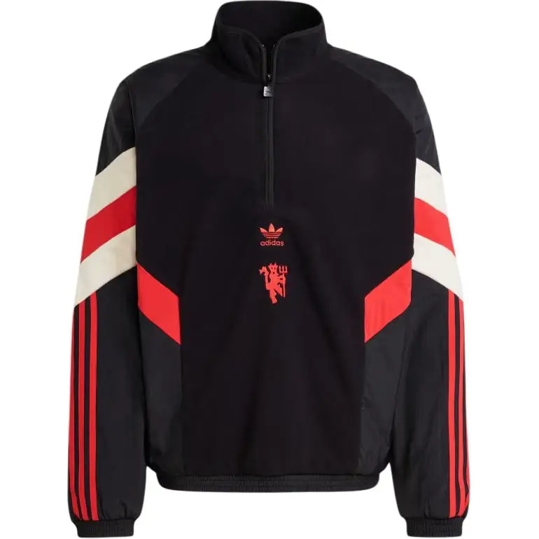 Adidas Felpa Originals Manchester United in Pile Polare Comoda Morbida Stemma Mezza Zip Uomo Felpa Nera IS6528