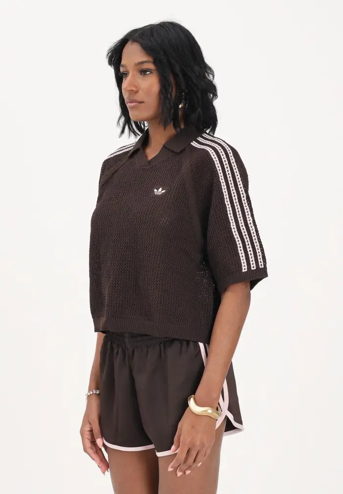 Polo a manica corta in maglia marrone da donna