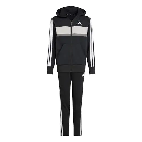 adidas Unisex - Bambini SEASONAL ESSENTIALS TIBERIO 3 STRIPES FLEECE TRACKSUIT, black/white/grey two