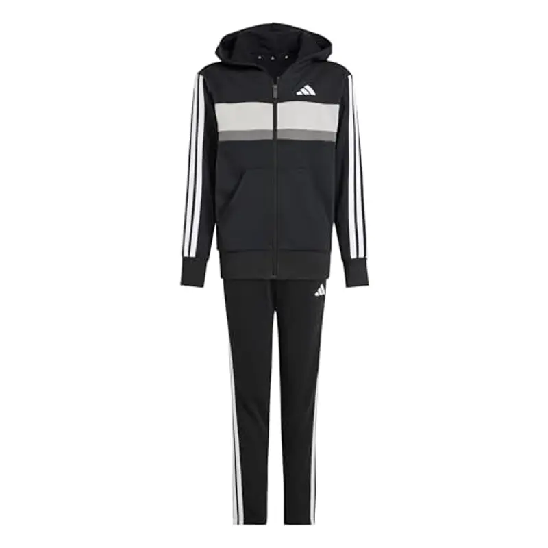 adidas Unisex - Bambini SEASONAL ESSENTIALS TIBERIO 3 STRIPES FLEECE TRACKSUIT, black/white/grey two