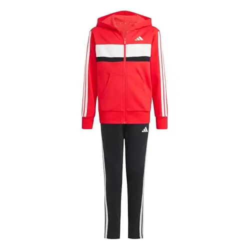 adidas Unisex - Bambini SEASONAL ESSENTIALS TIBERIO 3 STRIPES FLEECE TRACKSUIT, pure ruby/white