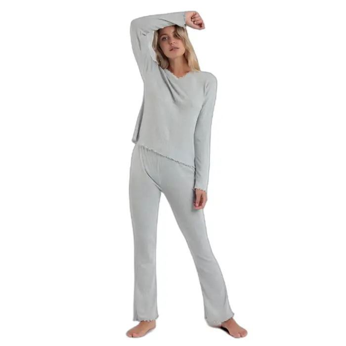 Admas Pigiama a maniche lunghe con colletto a V a coste donna Soft Gris