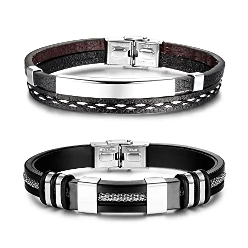 ADRAMATA 2Pcs Bracciale da Uomo in Pelle, Regolabile, in Silicone, Personalizzato, Acciaio Inossidabile, Regalo papà, Gioielleria