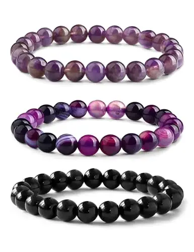 ADRAMATA 3 Pezzi 8mm Bracciale Pietre Naturali Donna Uomo Braccialetto Elastico con Pietre Ametista/Ametista