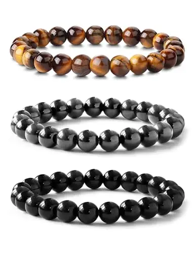 ADRAMATA 3 Pezzi 8mm Bracciale Pietre Naturali Donna Uomo Braccialetto Elastico con Pietre Occhio di Tigre/Ossidiana