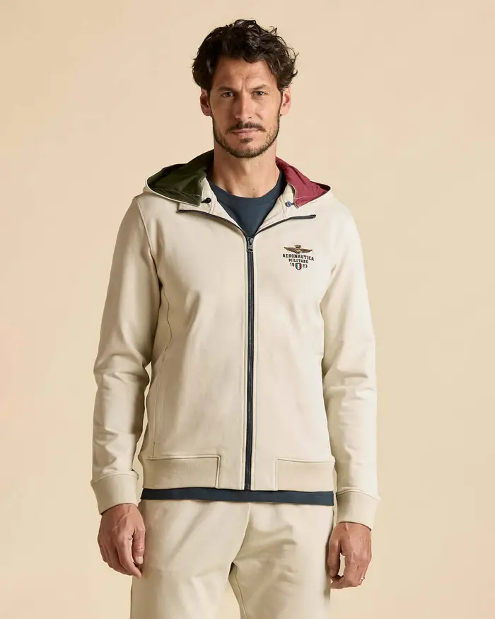 Aeronautica Militare Felpa panna in cotone stretch con cappuccio staccabile chiusura zip e ricamo Frecce Tricolori