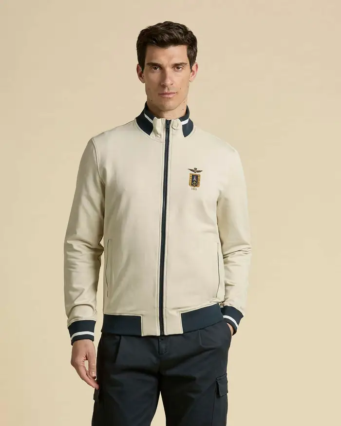 Aeronautica Militare Felpa panna in cotone stretch con chiusura zip e logo Frecce Tricolori