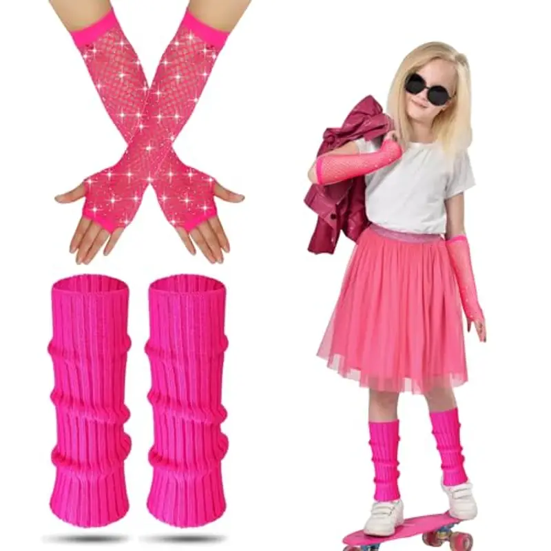 AffeGifts Scaldamuscoli Bambina Neon Rosa, Guanti Rete Senza Dita Bambina Scaldamuscoli Anni 80 con Neon per Ragazze