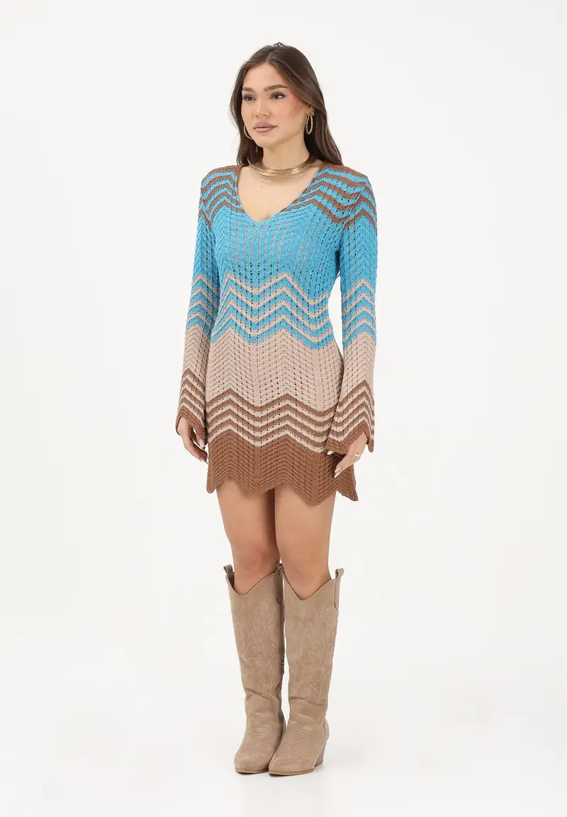 AKEP Abito corto multicolore da donna in maglia traforata