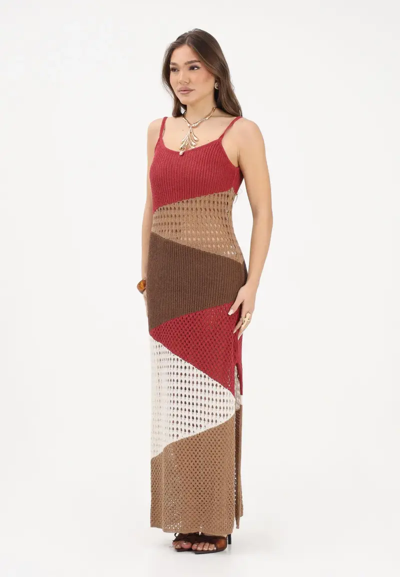 AKEP Abito lungo multicolore da donna in maglia traforata