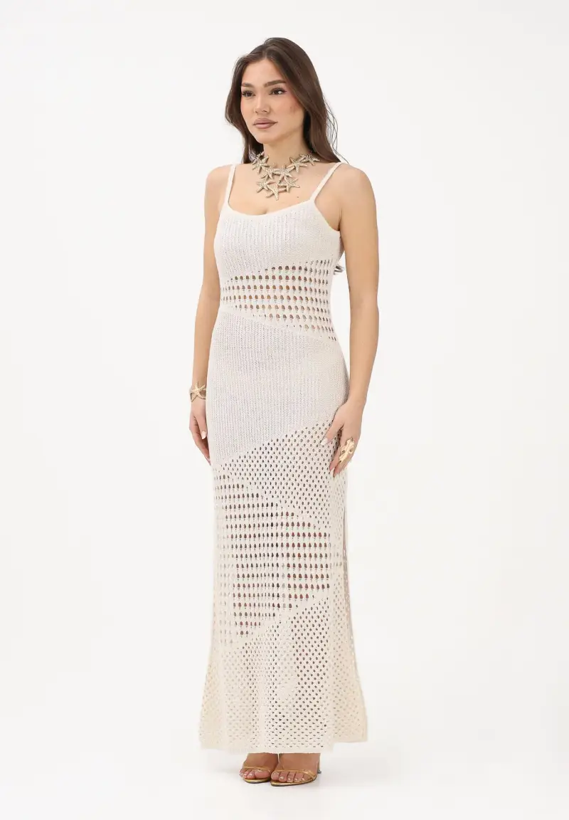 AKEP Abito lungo panna da donna in maglia traforata