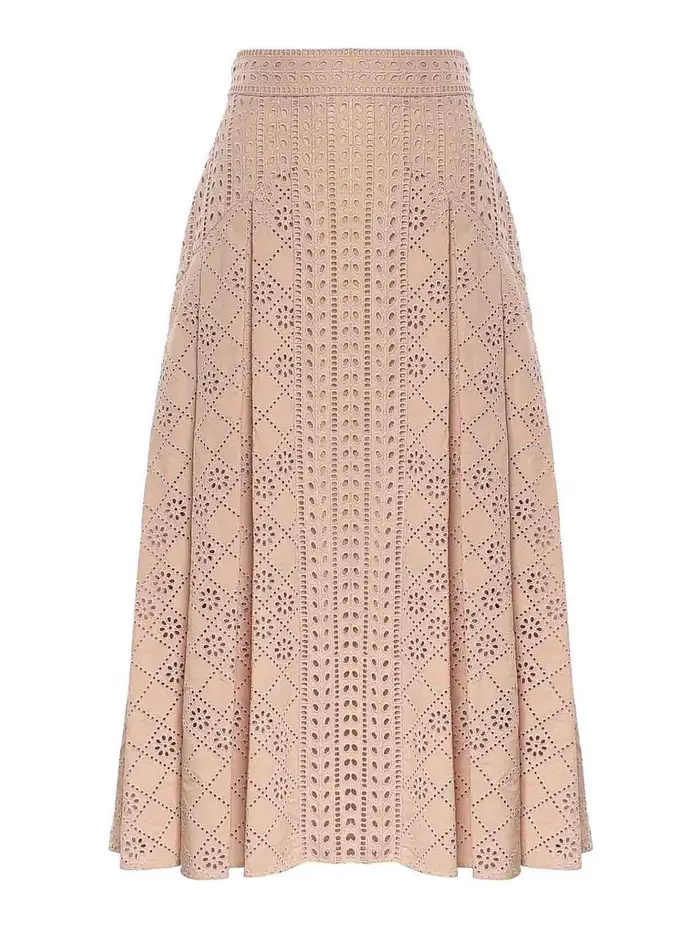 Alberta Ferretti Gonna Lunga In Broderie Anglaise Color Carne E Neutri