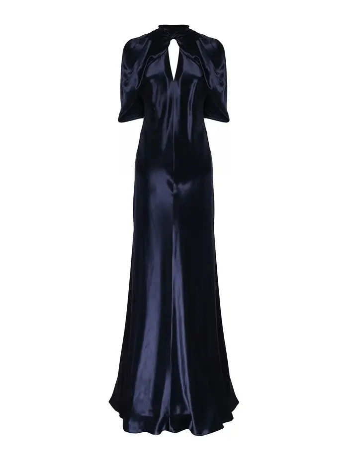 Alberta Ferretti Vestito lungo in raso con maniche a mantella Blu