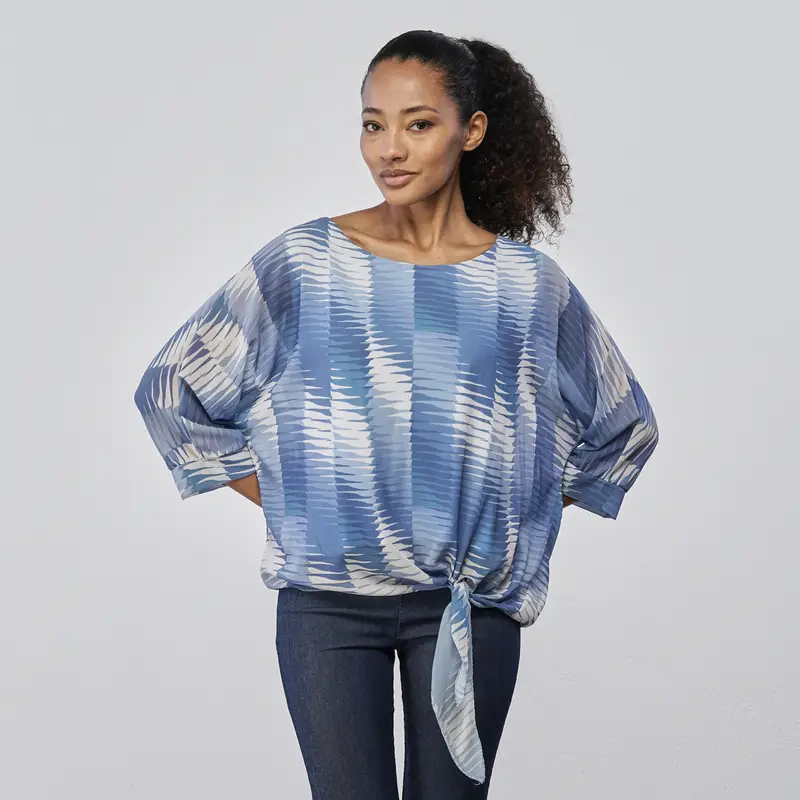 ALESYA Blusa azzurra da donna in fantasia geometrica con nodo