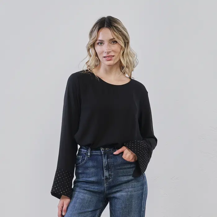 ALESYA Blusa nera da donna con dettaglio maniche strass