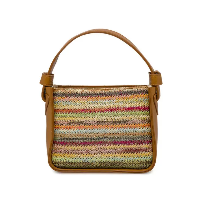 Borsa a mano marrone Alesya da donna con inserto multicolor effetto rafia
