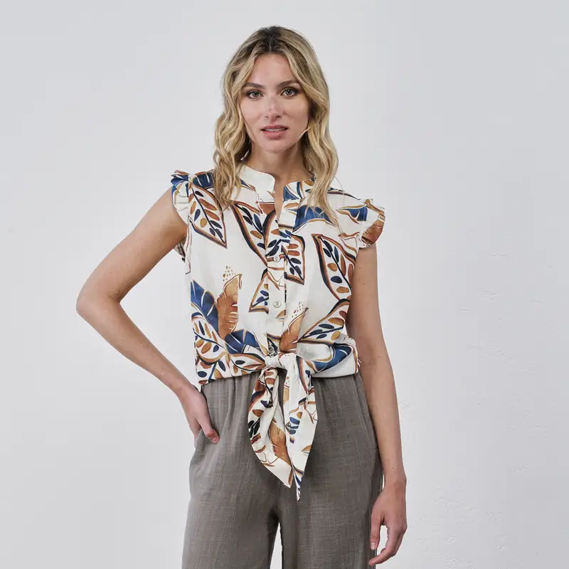 ALESYA Camicia bianca da donna con nodo e stampa floreale