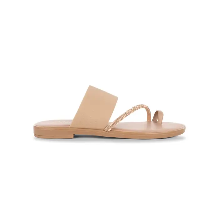 ALESYA Ciabattine a fascia beige da donna con strass e anello infradito