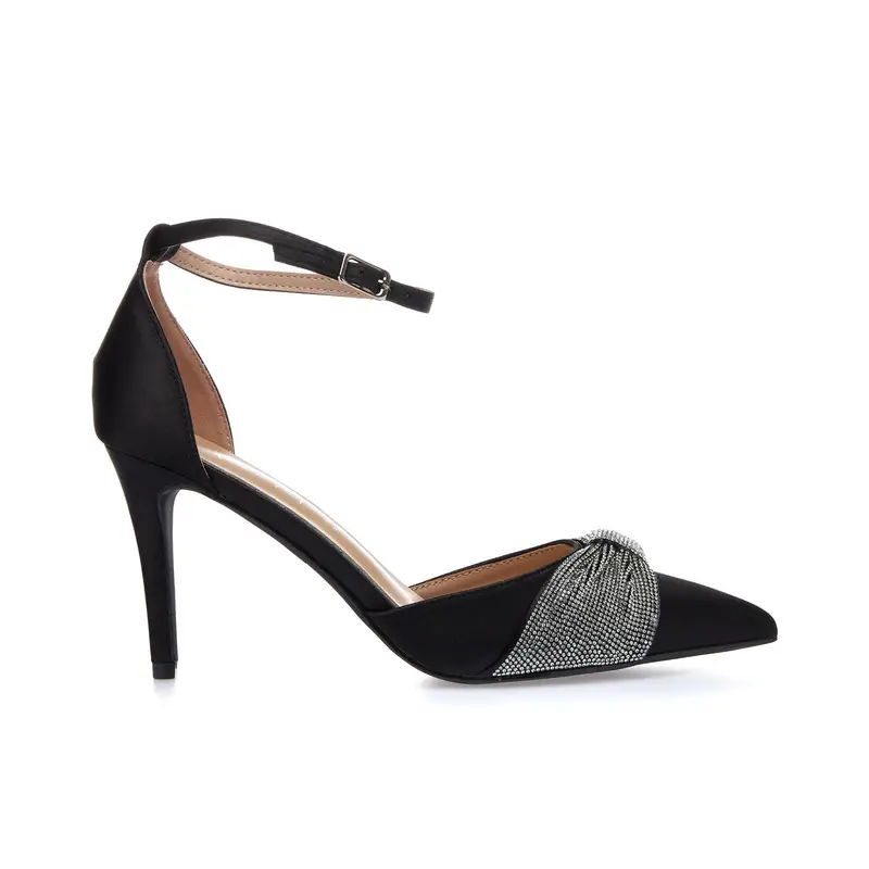 ALESYA Decolletè nere a punta con tacco alto, cinturino e fiocco con strass