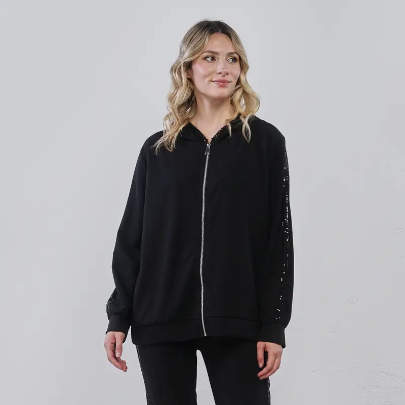 ALESYA Felpa nera da donna con zip, cappuccio e bande laterali con paillettes