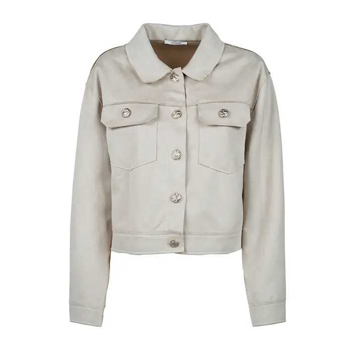 Giacca corta beige Alesya da donna con bottoni gioiello e tasche
