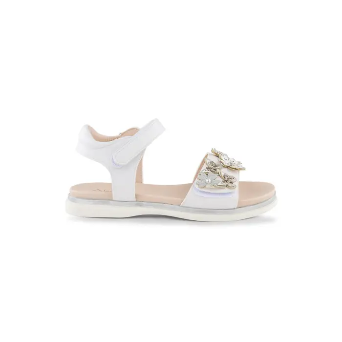 ALESYA GIRL Sandali bianchi da bambina con fiori, farfalle glitter e profilo argento