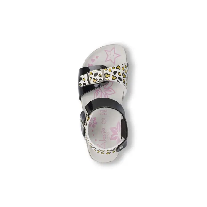 ALESYA GIRL Sandali neri da bambina con stampa animalier e cuori glitter
