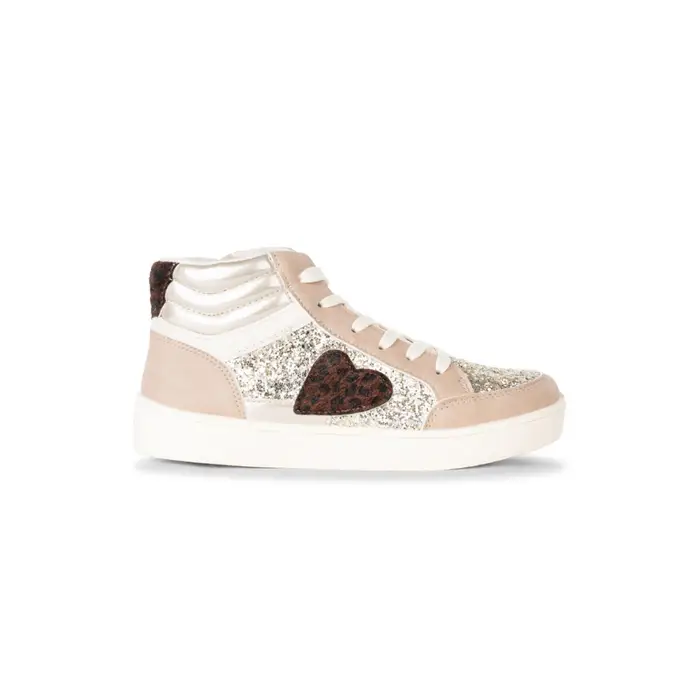 ALESYA GIRL Sneakers alte da bambina glitterate beige con cuore animalier e zip