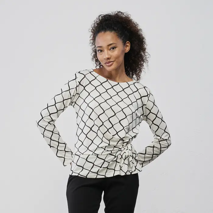 ALESYA Maglia bianca da donna in fantasia geometrica con nodo