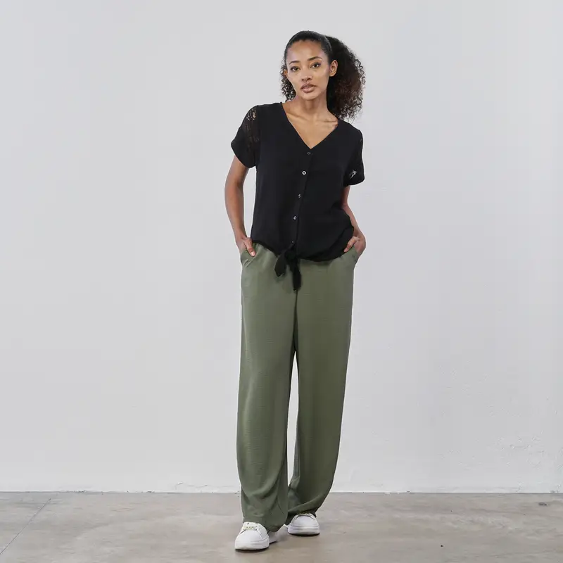 ALESYA Pantaloni lunghi ampi verdi da donna con fusciacca in vita