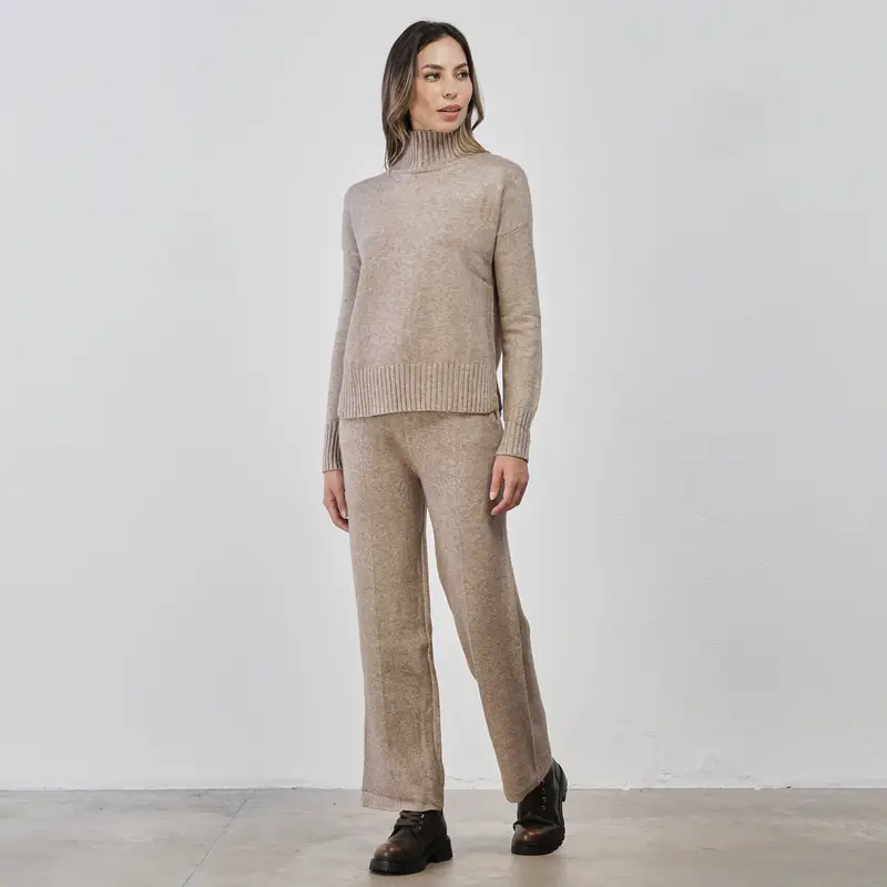 ALESYA Pantaloni lunghi beige da donna in maglia con coulisse