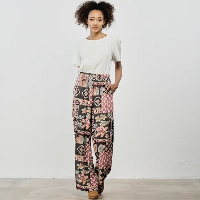 ALESYA Pantaloni marroni lunghi con stampa patchwork