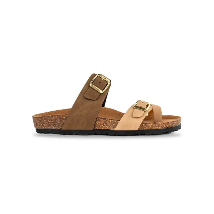 ALESYA Sandali a fascia da donna marrone e beige con fibbie e fondo effetto sughero