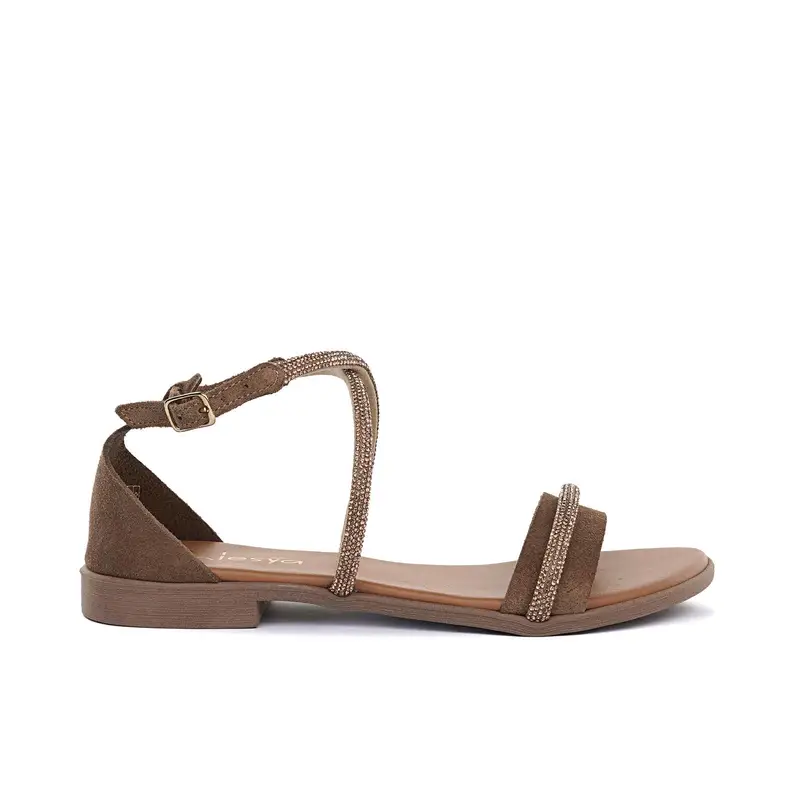 ALESYA Sandali bassi marroni da donna con cinturini a incrocio e strass
