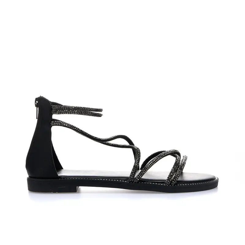 ALESYA Sandali bassi neri con zip e cinturini con strass